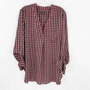 Lord & Taylor Black Red Printed V-Neck Roll Tab Sleeve Career Tunic Top Size 0X